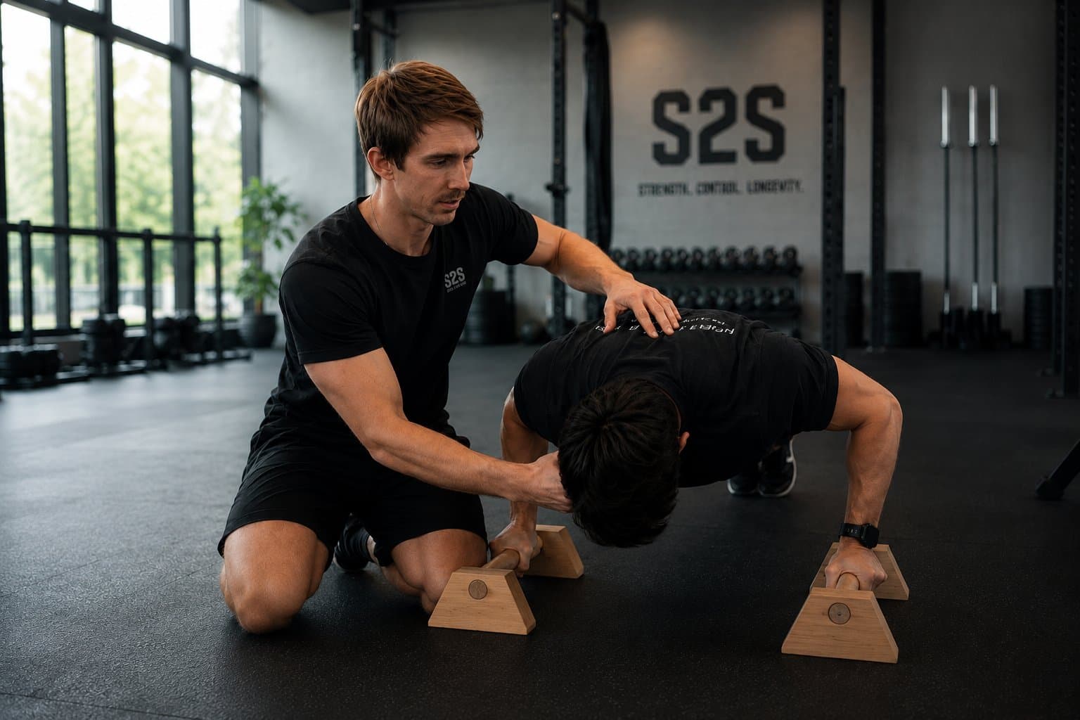 Demitry coaching a client through a pushup on parallettes, S2S wall behind