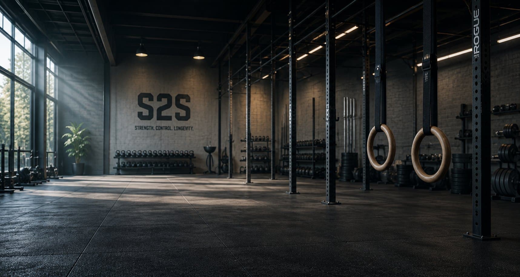 The S2S training floor. S2S — Strength. Control. Longevity. painted on the back wall, kettlebells, barbells, and gymnastic rings around an open floor.