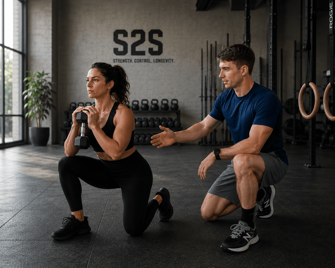 Demitry Davidson coaching a client through a controlled dumbbell movement in the S2S training space.