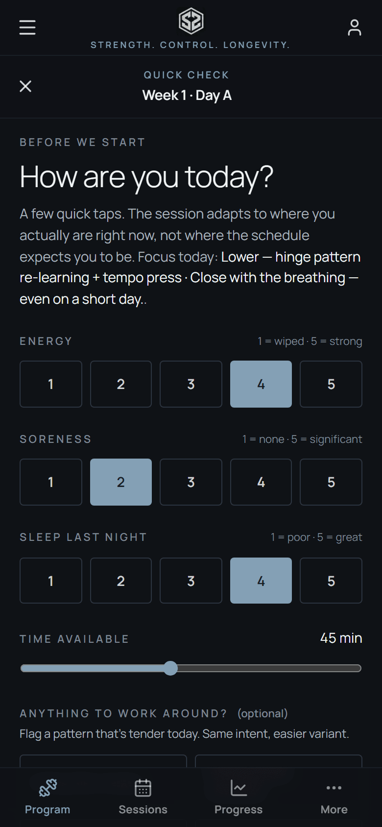 The readiness check in the training portal — energy, soreness and sleep, with the app's bottom navigation