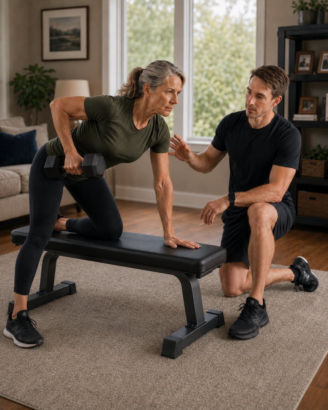 An older adult performing a single-arm dumbbell row on a bench in her living room while a trainer kneels alongside her, coaching her position.