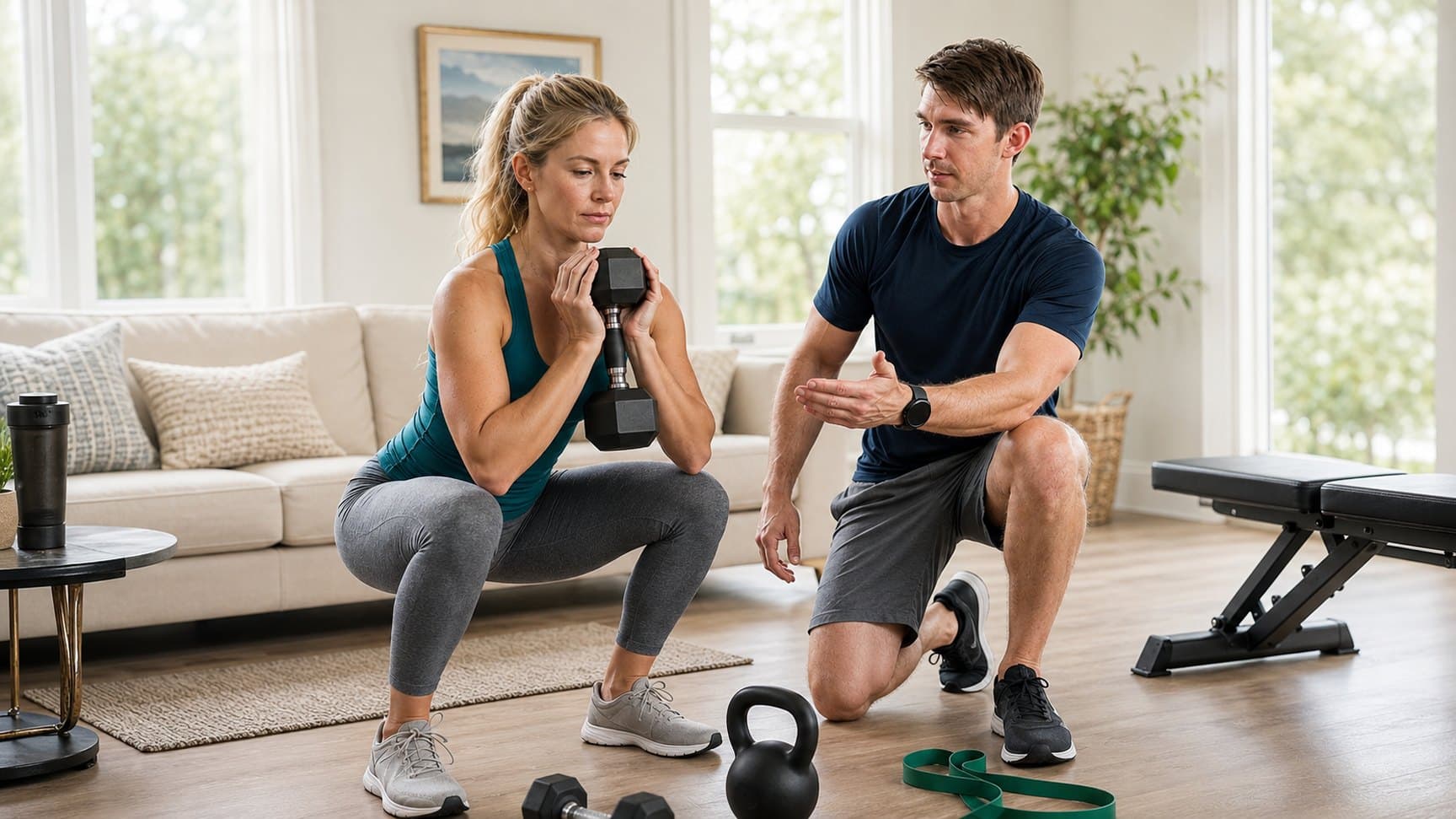 Demitry coaching an in-home strength session, guiding a client through a goblet squat.